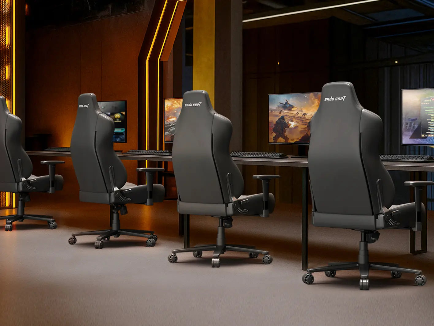 multi-player gaming room with ergonomic video computer gaming chairs
