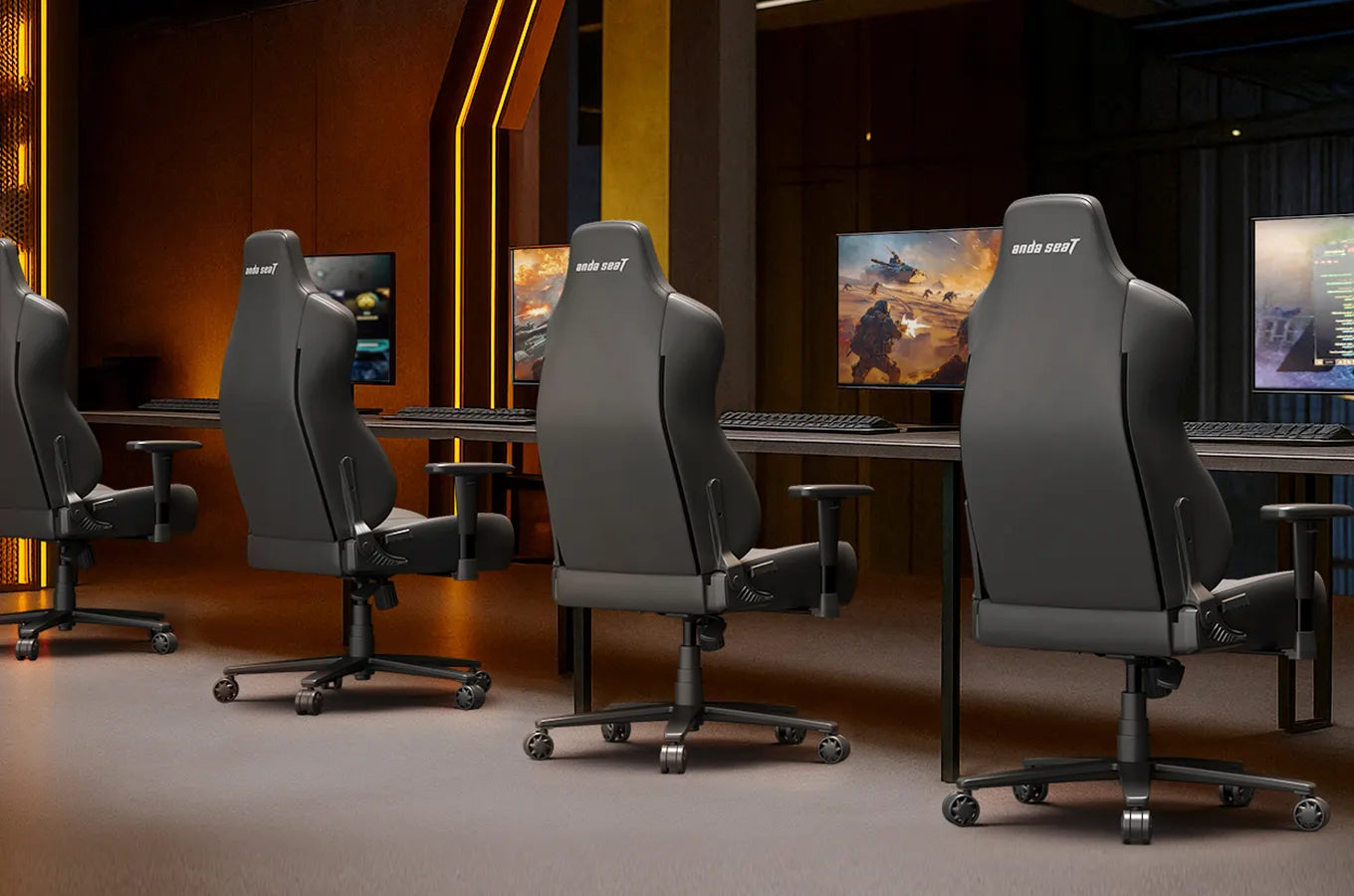 multi-player gaming room with ergonomic video computer gaming chairs